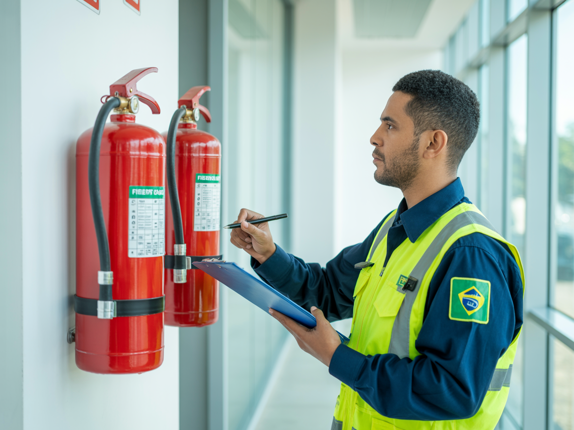 Técnico realizando relatório de segurança contra incêndio com checklist